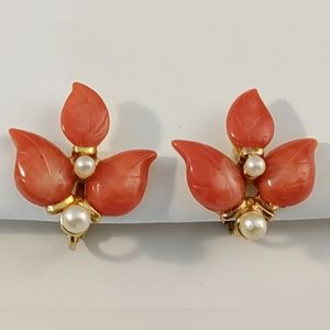 Vintage Swoboda Semi-Precious Carved Coral Faux Pearl Gold Plated Clip Earrings